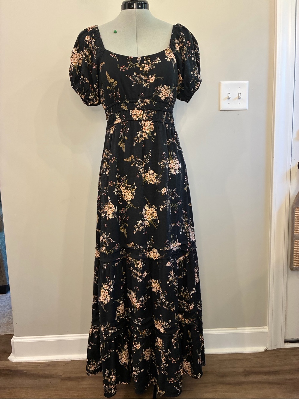 Bailey Blue Boho Black Maxi Dress with Pink Floral Print and Puff Sleeves 0372